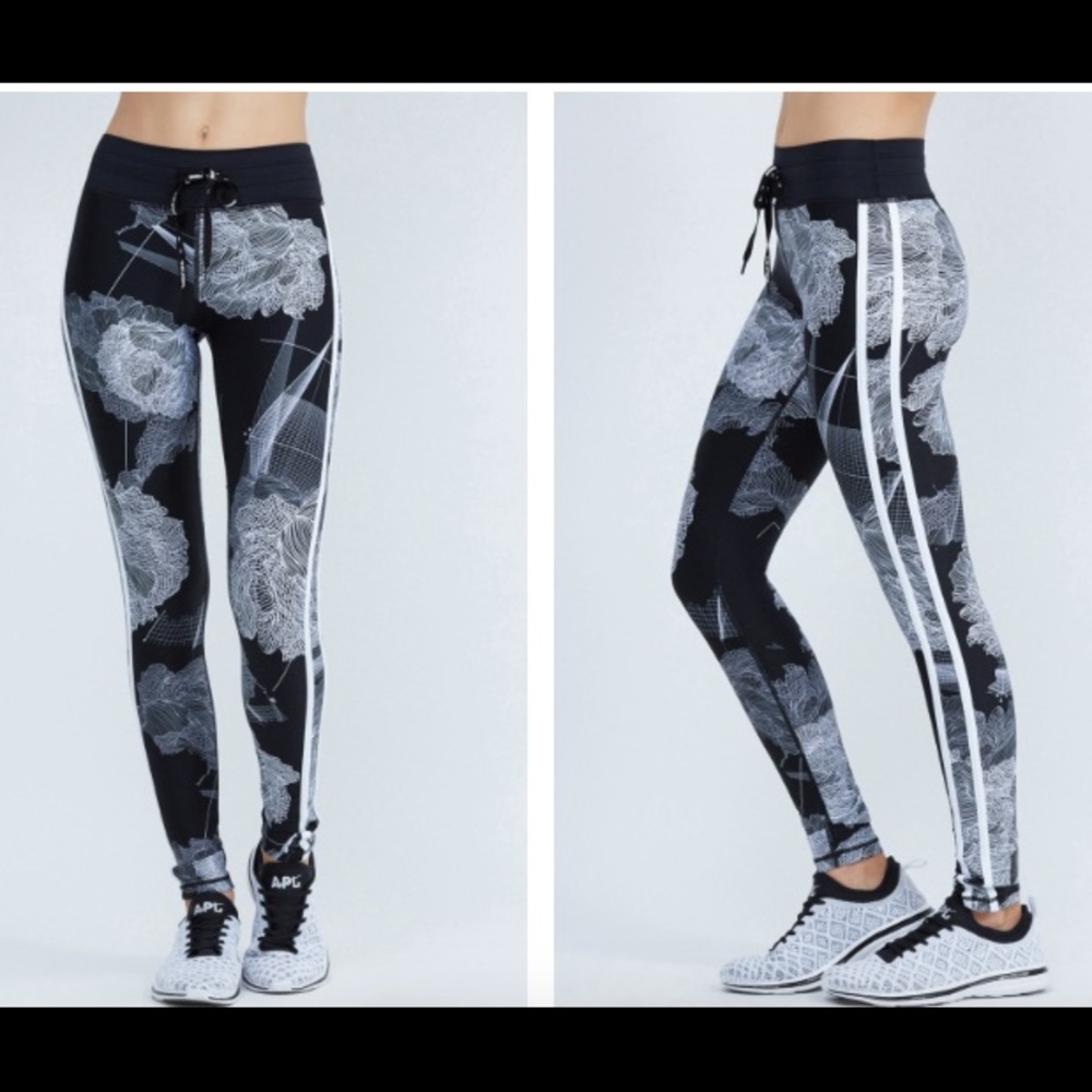 The Upside Full Length Black & White Floral legging, Flattering Side Stripes